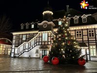 Das Foto zeigt das Historische Rathaus von außen. Es ist dunkel, das Gebäude wird aber von Licht angestrahlt, auch in den Fenstern ist Licht. Vor dem Gebäude steht eine etwa sieben Meter hohe geschmückte Tanne. Große Christbaumkugeln in Rot liegen vor dem Baum auf dem Boden.